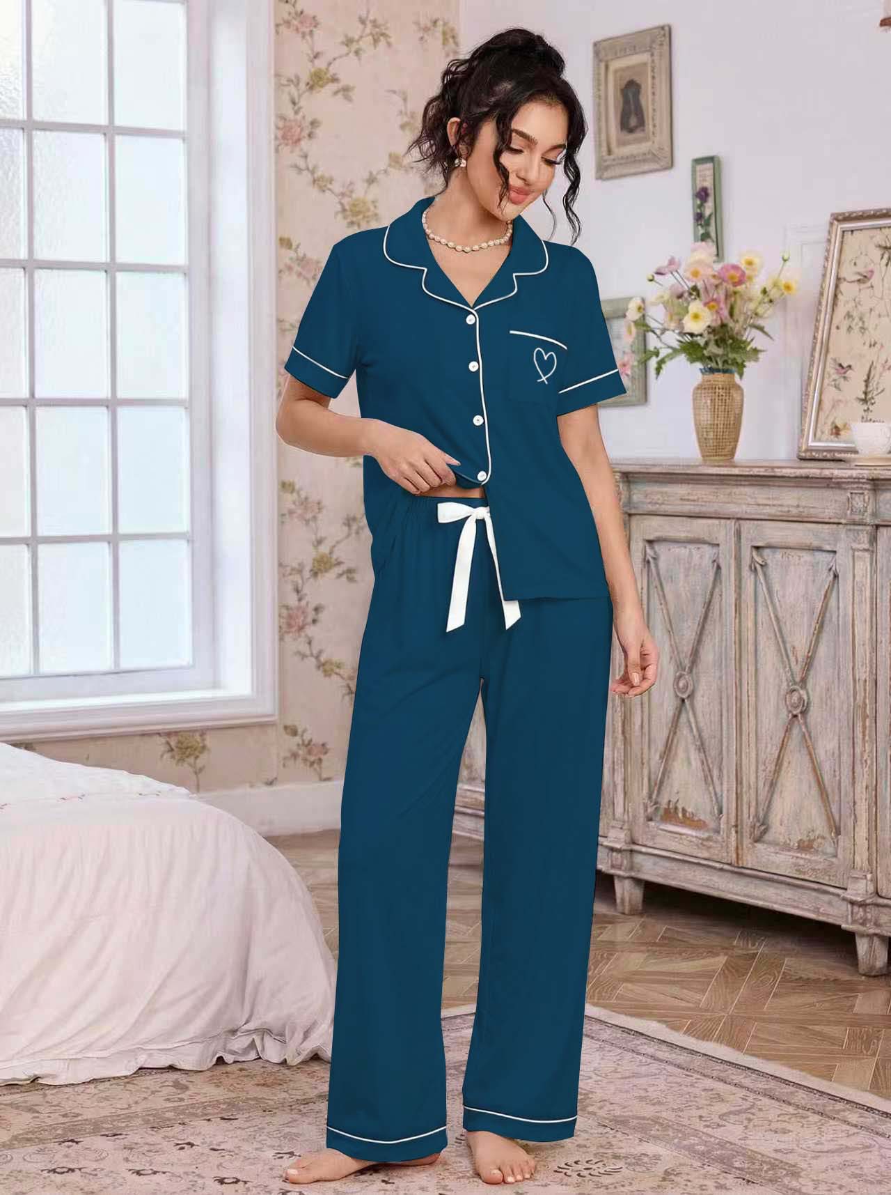 亚马逊欧美家居服套装翻领开衫短袖长裤爱心绣花睡衣女外贸独立站详情8