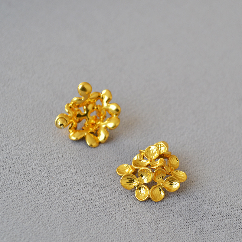 日系小众设计复古文艺立体层叠花朵黄铜镀金925银耳针耳钉耳饰女详情6