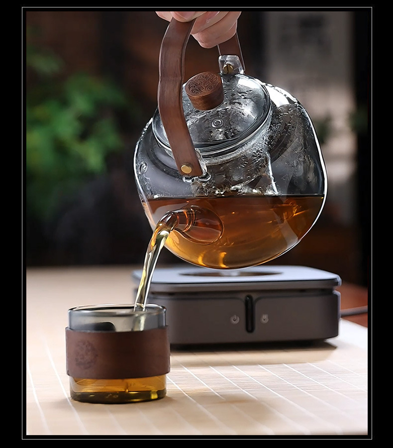 围炉煮茶壶提梁壶高硼硅玻璃茶壶胡桃木把煮茶壶双胆蒸煮一体茶壶详情9