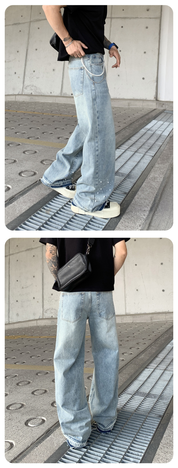 Cross-border Parisian style beaded jeans for men, 2025 new trendy streetwear brand loose straight-leg wide-leg pants for men pic 10