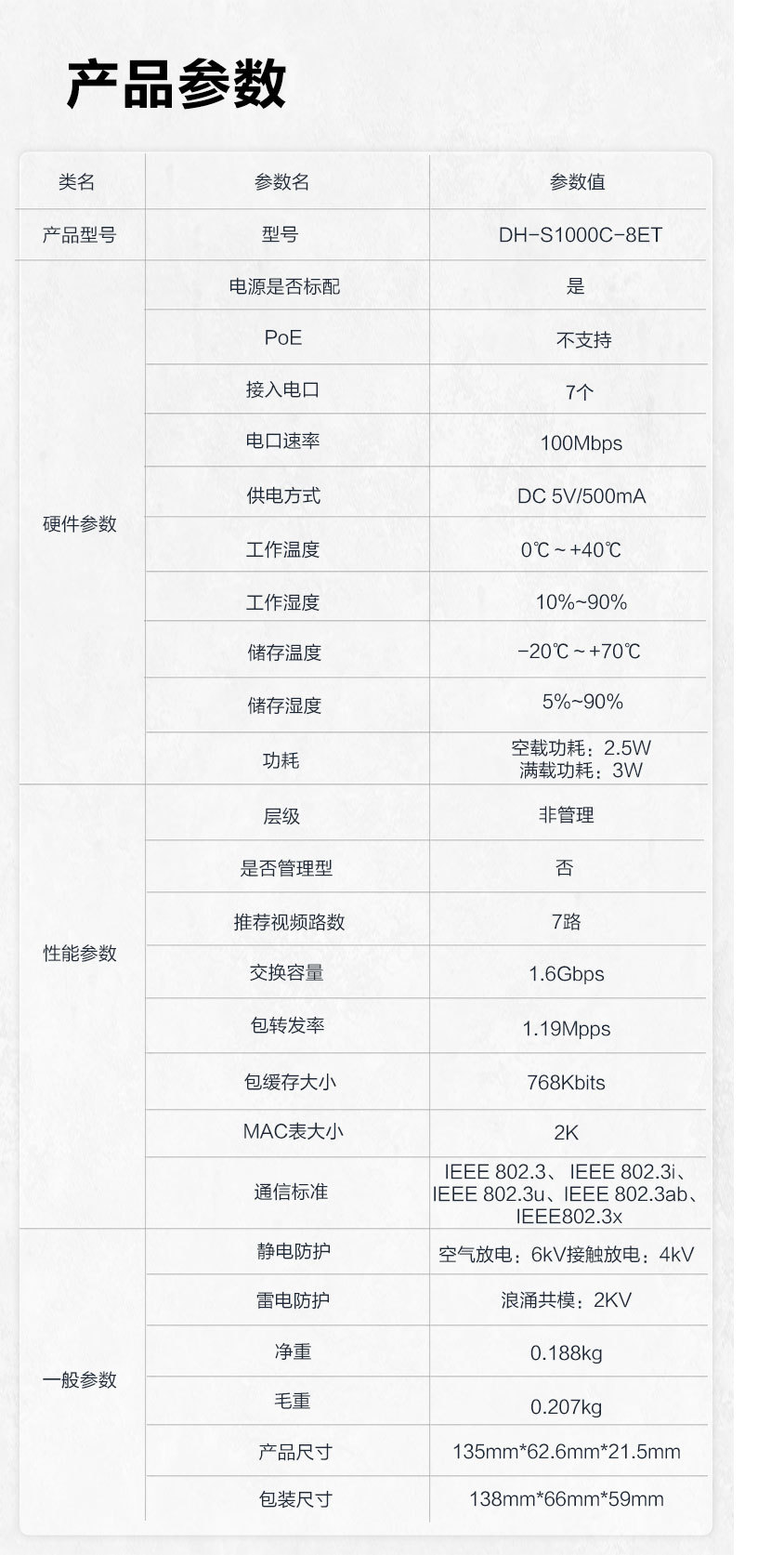 大华正品安防5/8端口百兆网络交换机监控传输批发以太网DH-S1000C详情9