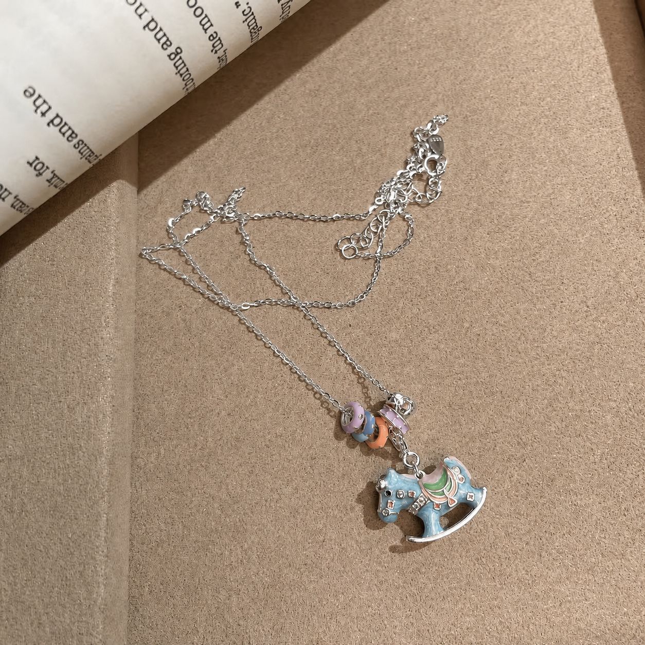 S925 sterling silver Joyful Wooden Horse Necklace, enamel color playful collarbone chain, niche design silver necklace, high-end and light luxury for women pic 4