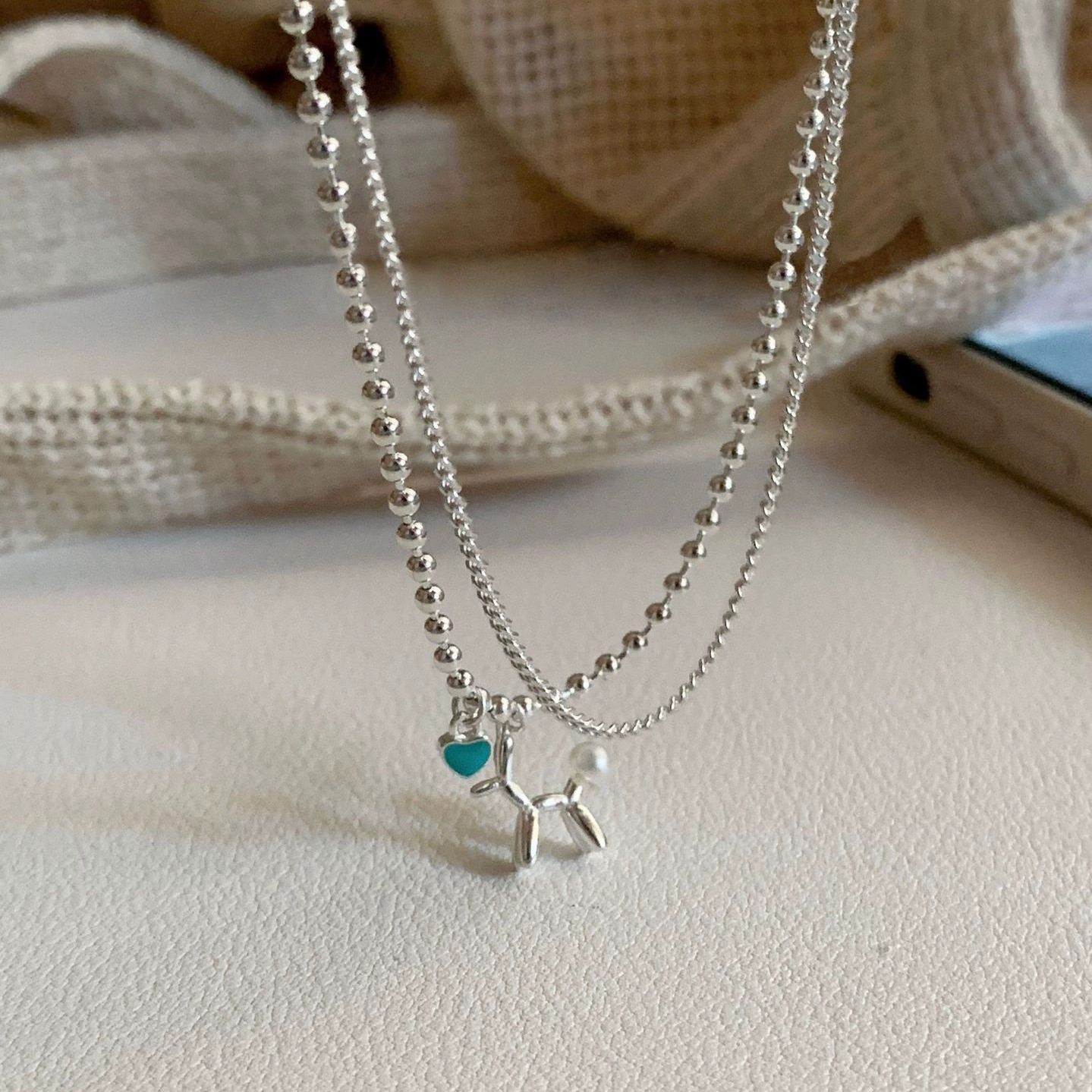 Korean InS-style S925 sterling silver double-layer balloon dog resin heart-shaped necklace, a unique and simple design accessory for women pic 4