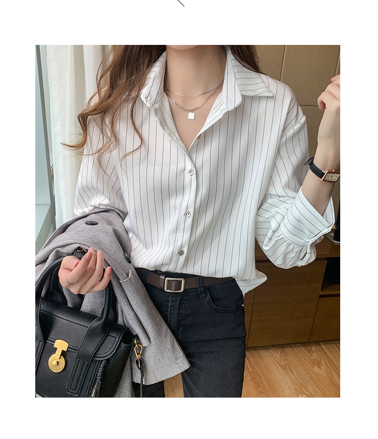 This vertical striped chiffon shirt for women with three-quarter sleeves is a new autumn collection. It features a unique and mature design with a sense of elegance and drape pic 24