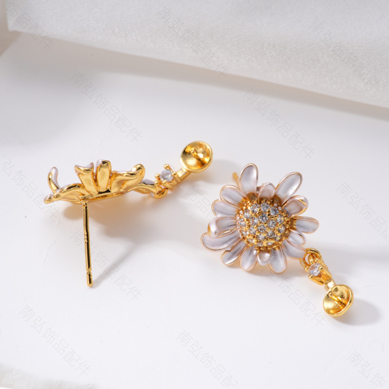 Pearl ring, earneedle pendant, micro-inlaid three-piece set, hollow tray, Daisy oil drip DIY, high-end tulip jewelry pic 7