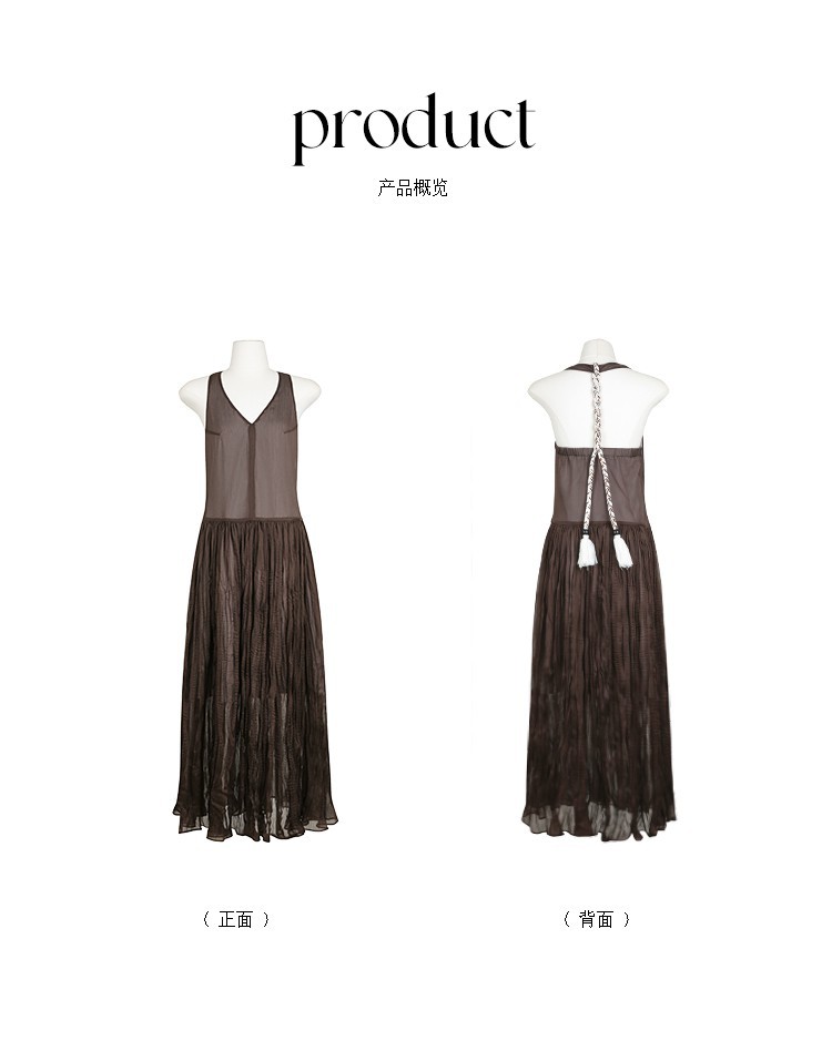 CZ ZHANG Mocha Mousse retro pleated V-neck dress Texture backless slightly transparent long dress B26987 pic 4