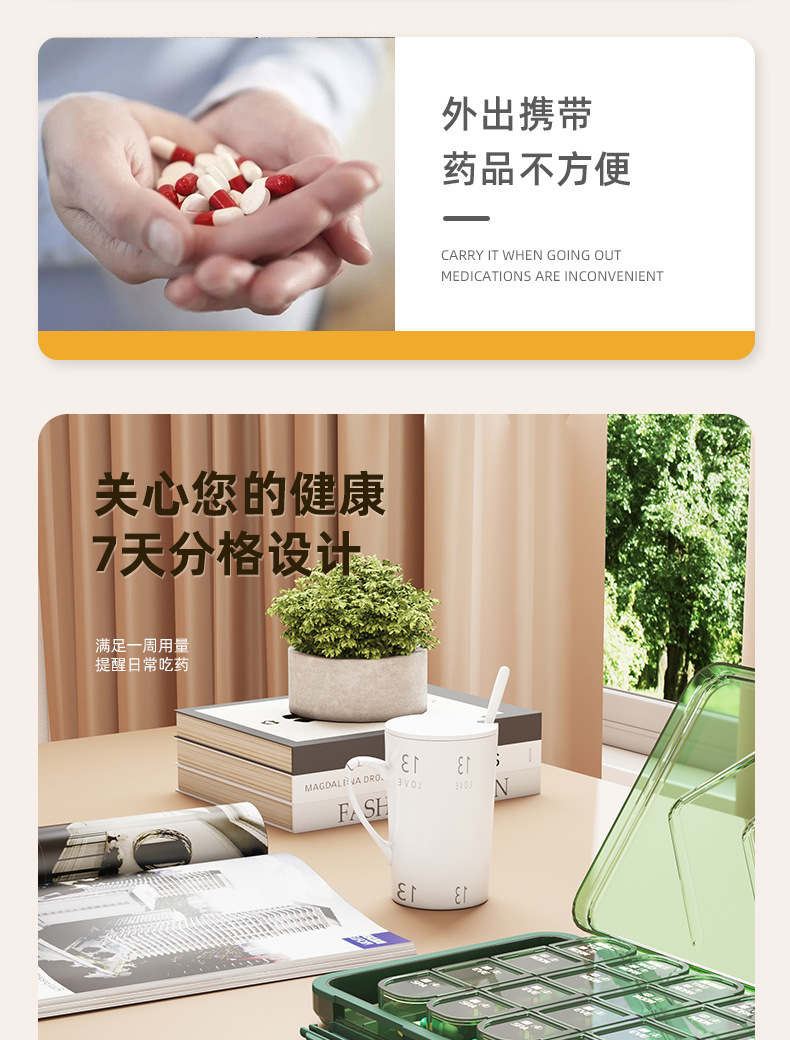 老年人大字版药盒一周七天便携式分药器分格收纳防潮塑料三餐分装详情4