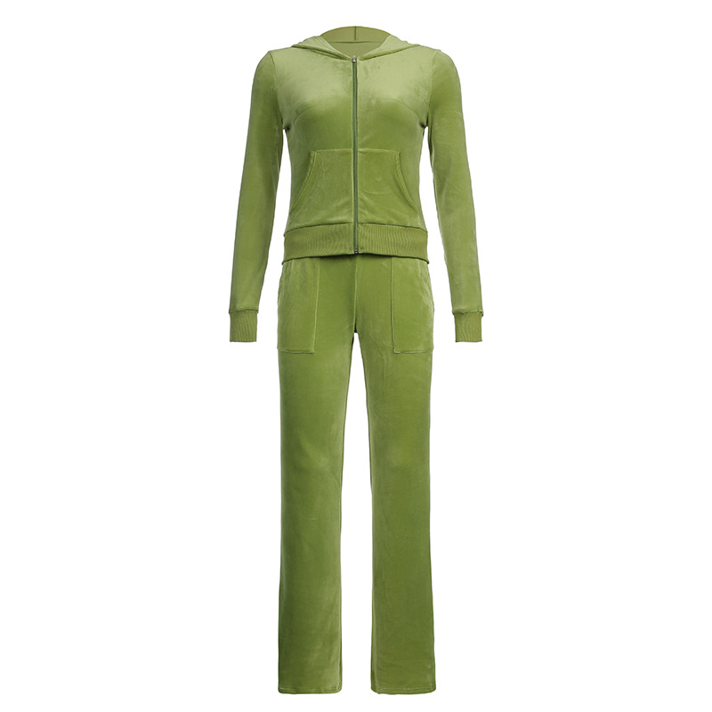 Solid color velvet slim sports suit zipper hood pic 43