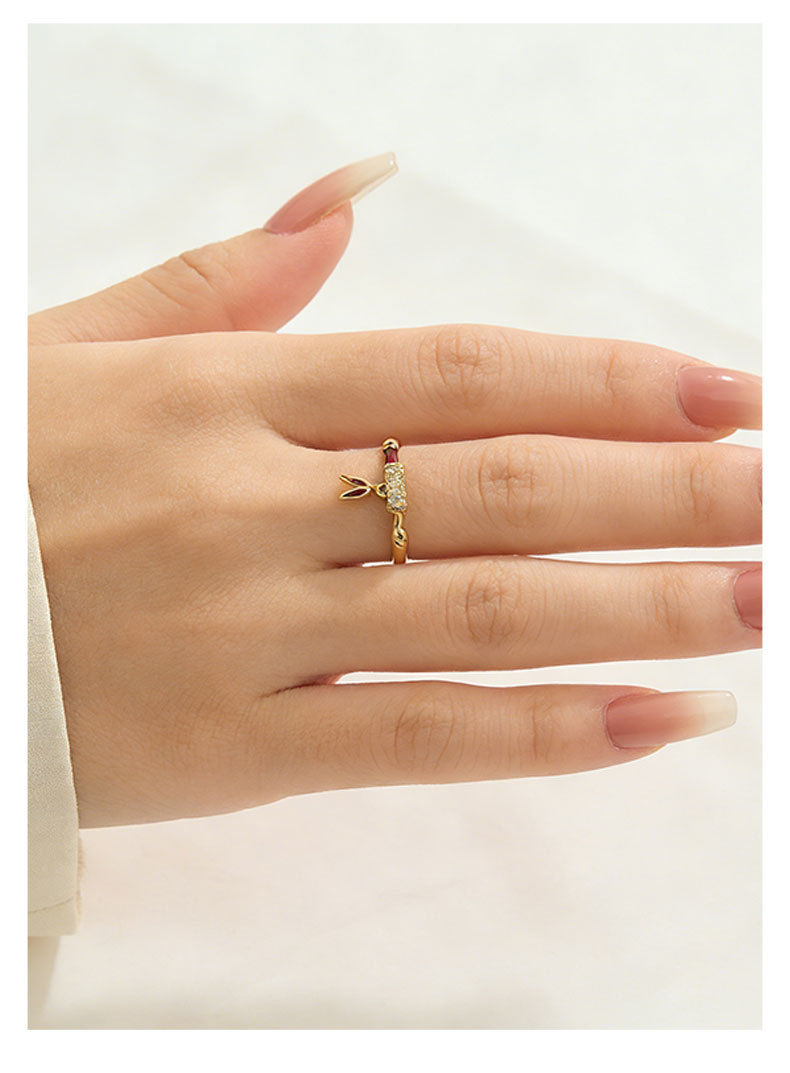 Light luxury Chinese-style bamboo joint open ring, copper alloy micro-inlaid zircon enamel oil drip pendant design, adjustable ring pic 13