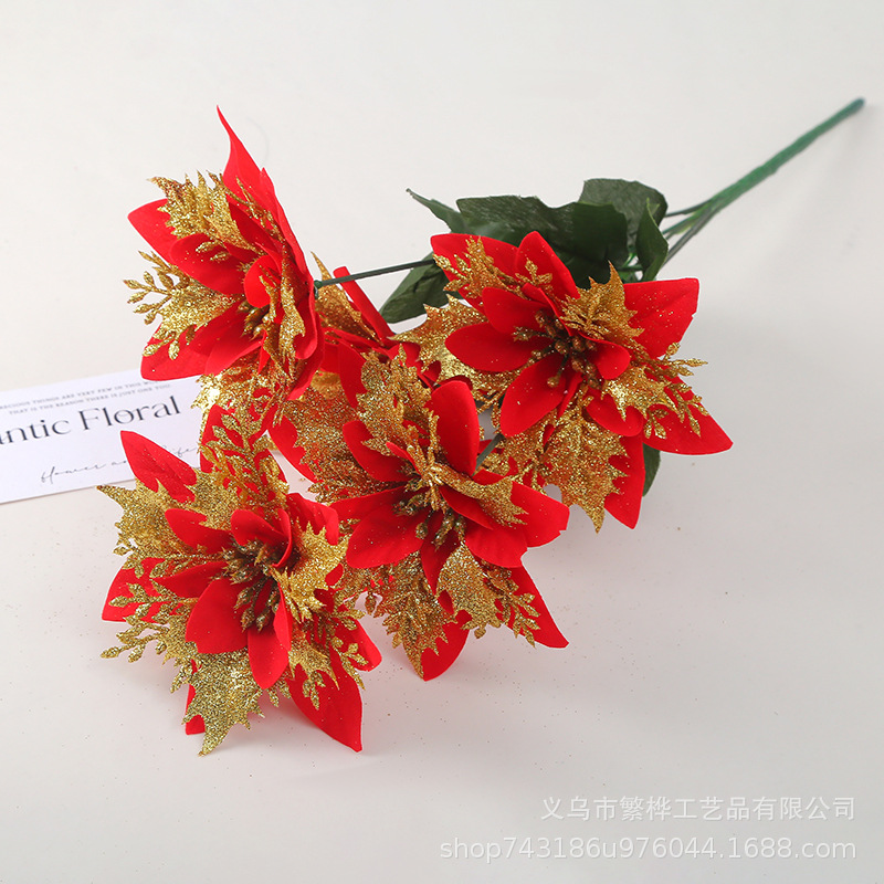 圣诞节金粉圣诞花 圣诞树仿真花装饰配件 商场酒店橱窗场景布置详情2