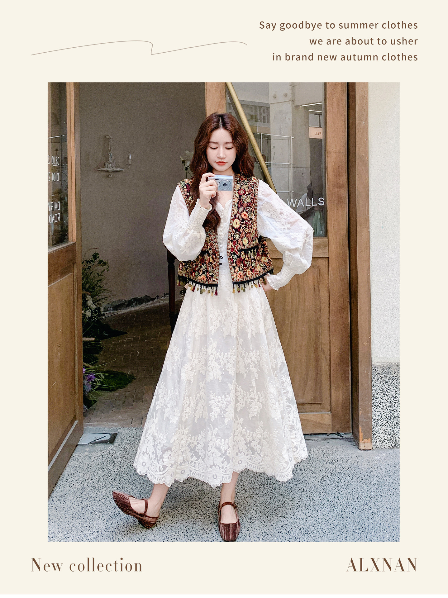 Real shot Bohemian fringed vest jacquard long dress two-piece set 2025 autumn collection lace patchwork V-neck dress pic 4