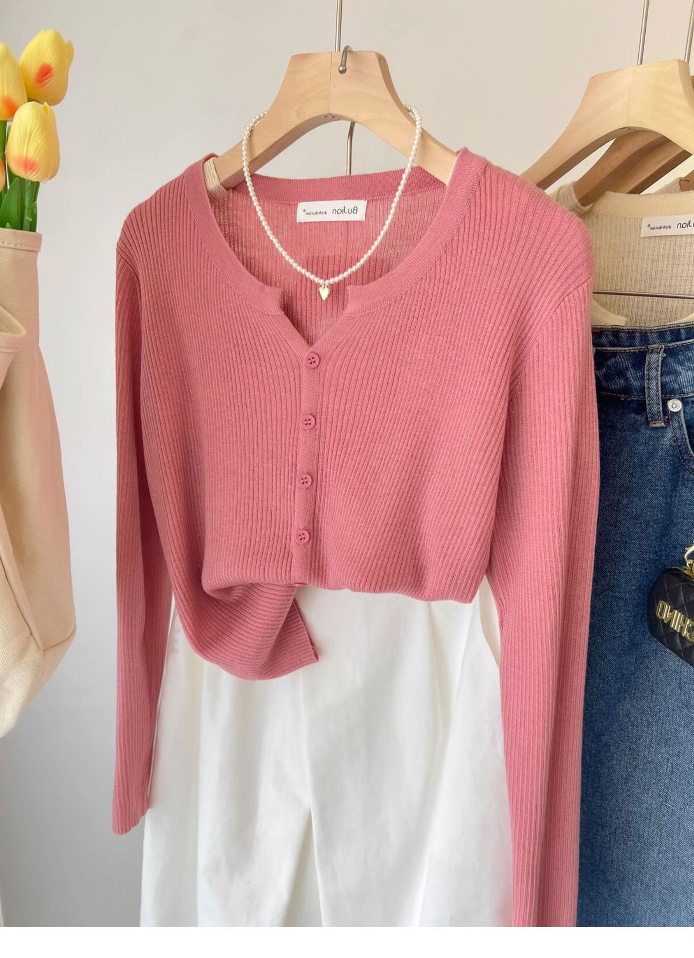A short woolen cream-colored knitted coat for women, a long-sleeved cardigan for spring and autumn, and a chanel-style innerwear with a base layer pic 20