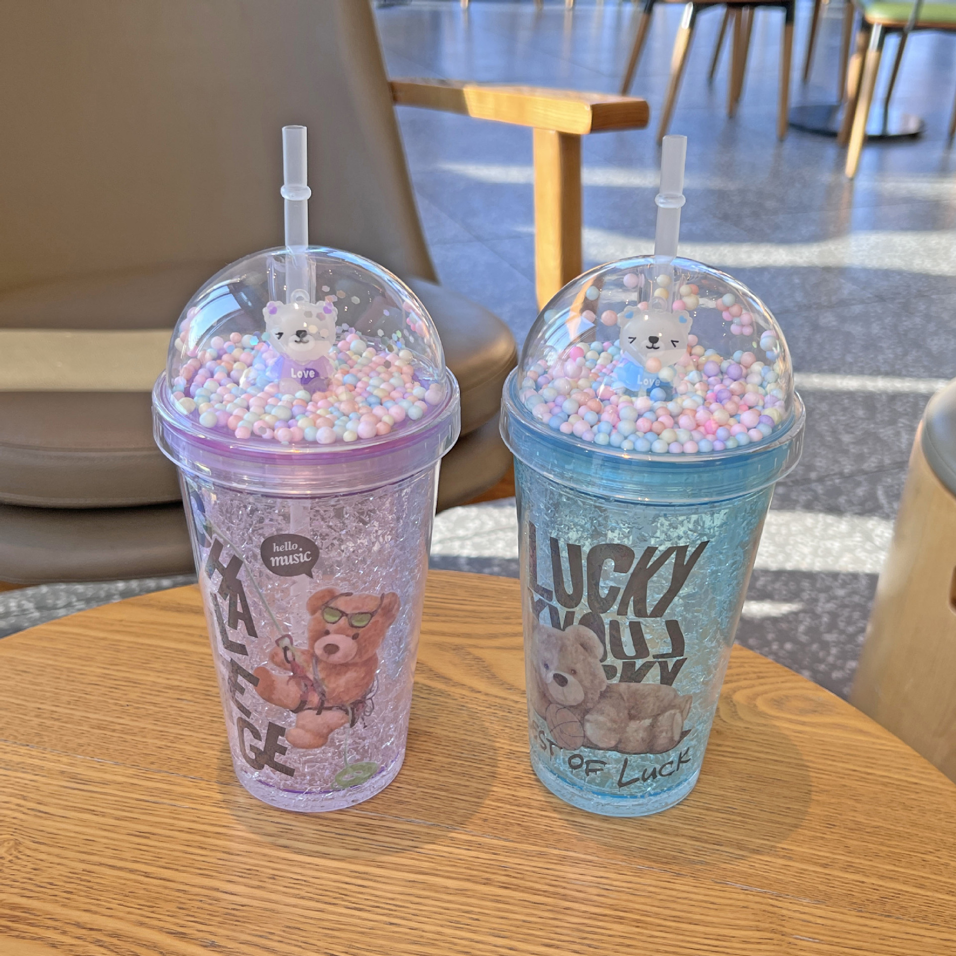 跨境新款卡通小熊杯双层塑料水杯可爱儿童便携高颜值吸管杯碎冰杯详情3