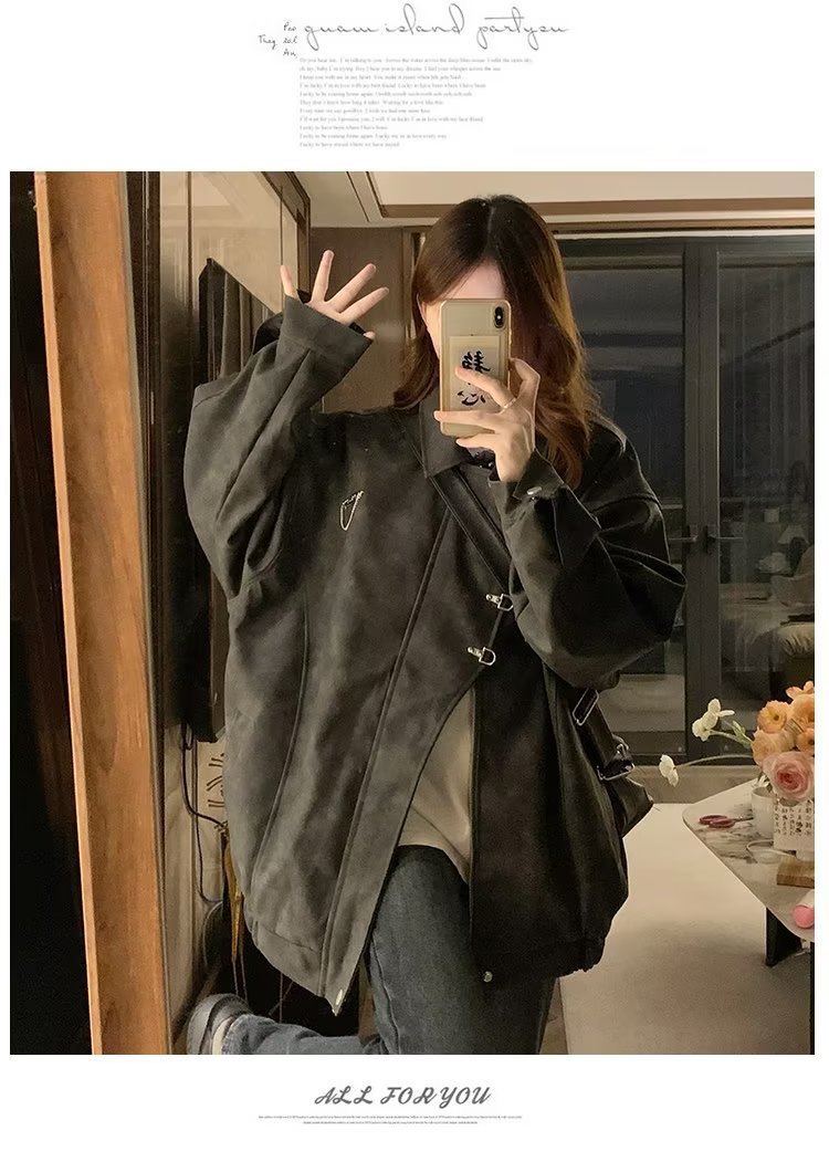 美式复古翻领外套女chic春秋潮流休闲宽松设计感PU皮学生夹克上衣详情23