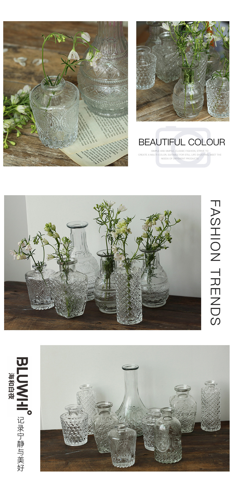 Retro light luxury embossed transparent French glass small vase, ins style home decoration, pocket-sized living room flower arrangement vase pic 18