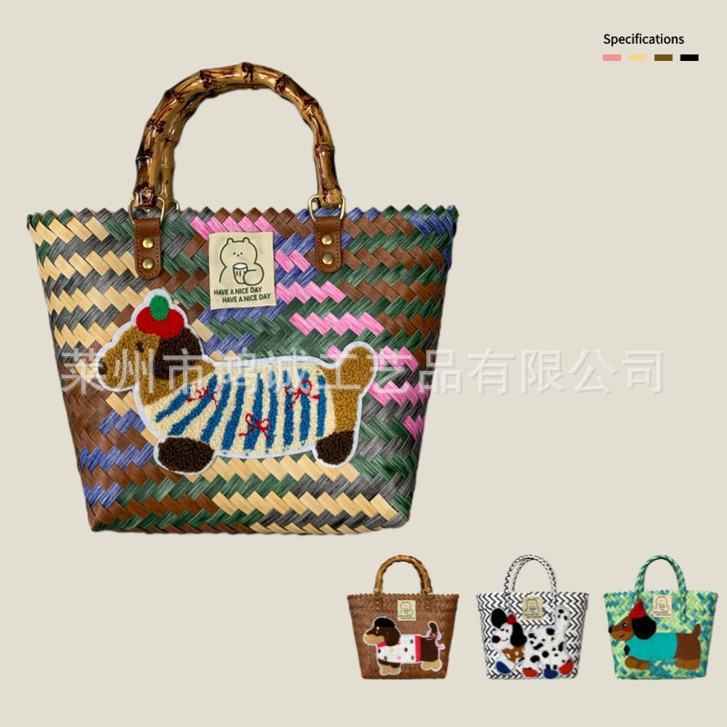 大容量腊肠狗手工编织包菜篮子藤编手提包上班杂物小拎包野餐女包详情2