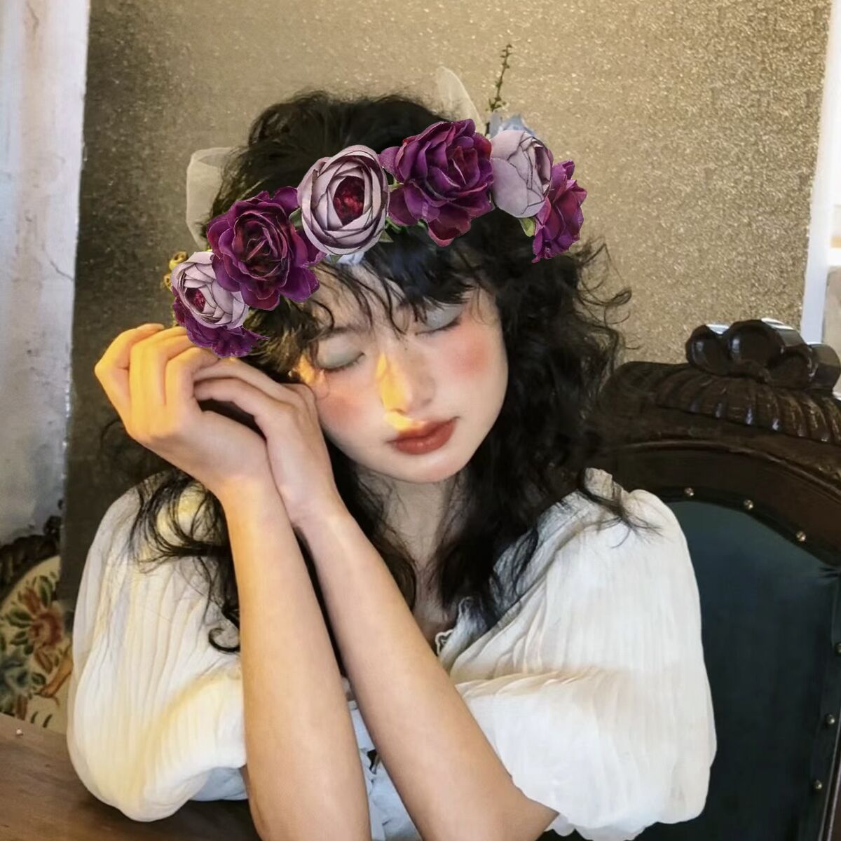 Realistic garland headwear, fabric rose flower bride garland, forest-themed super fairy vacation photography, hair accessory pic 6