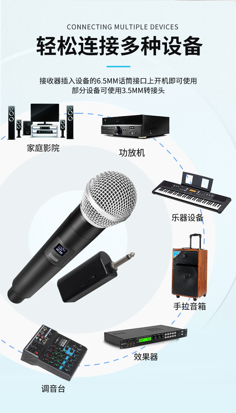 2.4G无线麦克风话筒一拖二专业户外舞台音响家用直播声卡唱歌话筒详情11