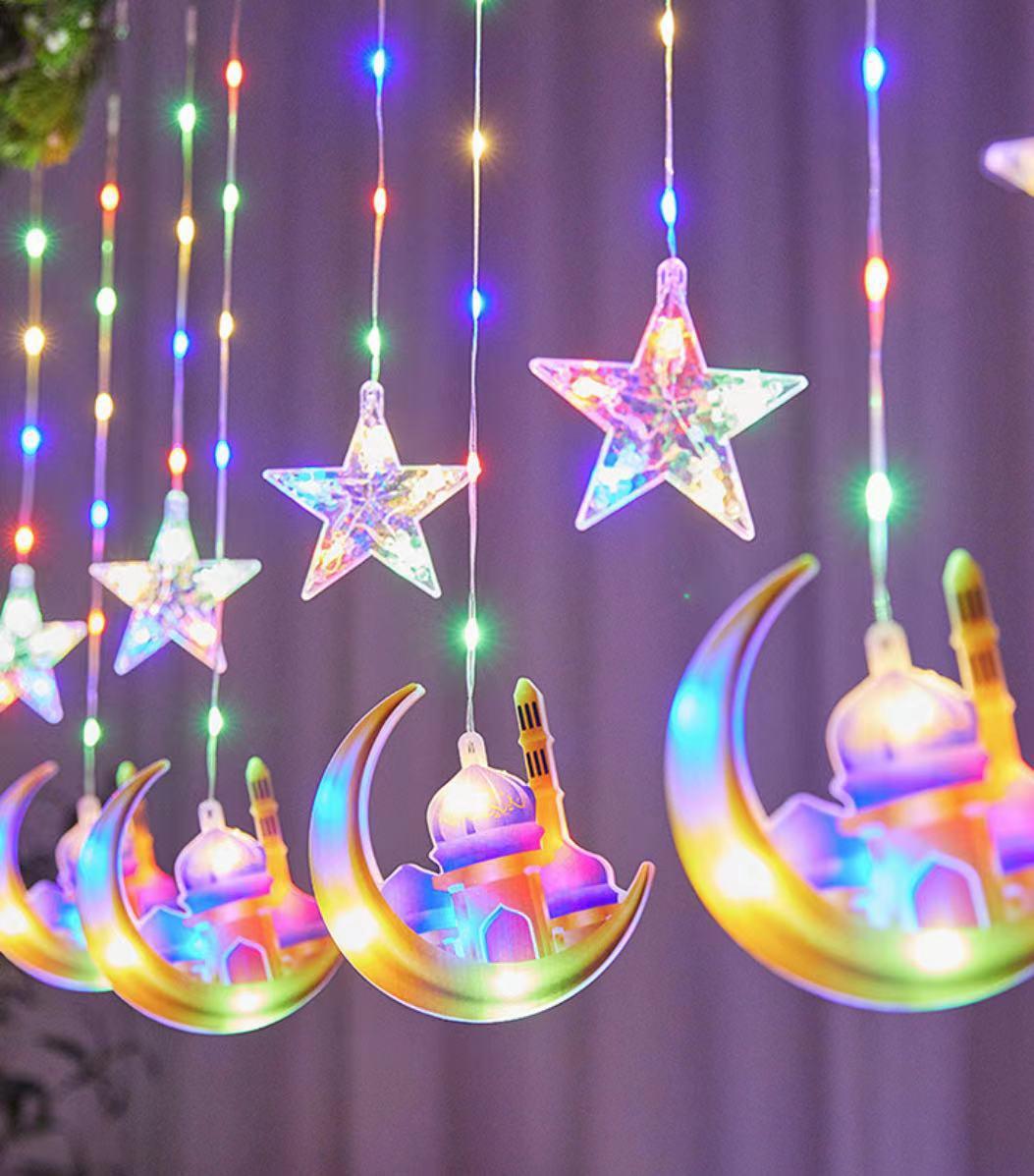 Cross-border foreign trade LED painted leather line star and moon curtain light interior decoration 10 hanging moon five-pointed star castle color pic 3