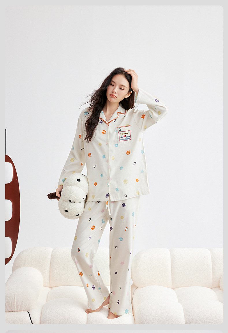 A类天丝棉莱赛尔睡衣女秋猫爪印长袖长裤睡衣春秋女士家居服套装详情27