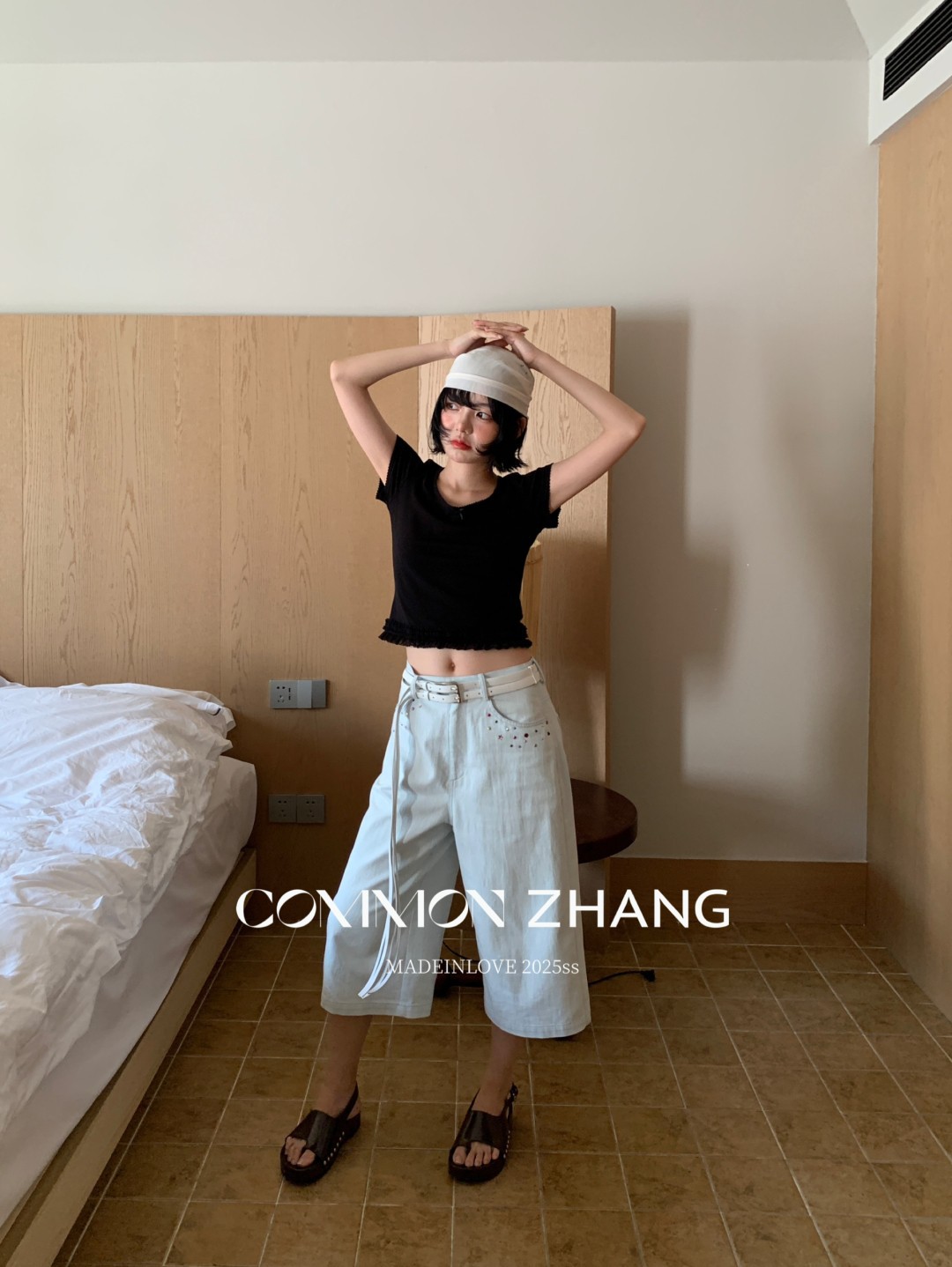 CZ ZHANG夏季韩版少女感减龄蝴蝶结拼接U领纯色天丝短袖T恤B20757详情8