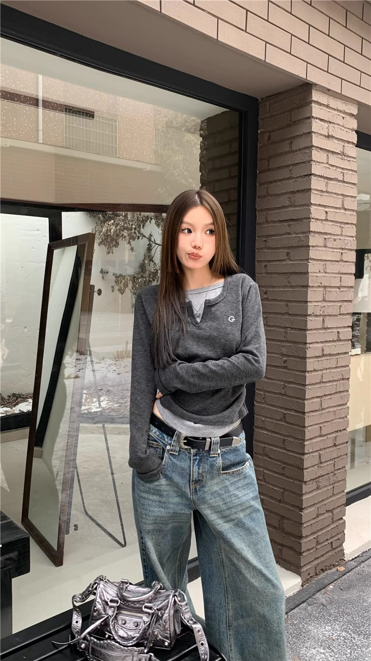 女士T恤假两件长袖T恤秋冬内搭修身显瘦打底上衣美式复古打底衫详情5