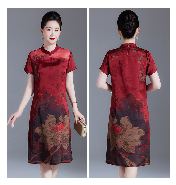 真丝连衣裙2024夏季新款桑蚕丝短袖新中式旗袍领中长裙中年妈妈裙详情14