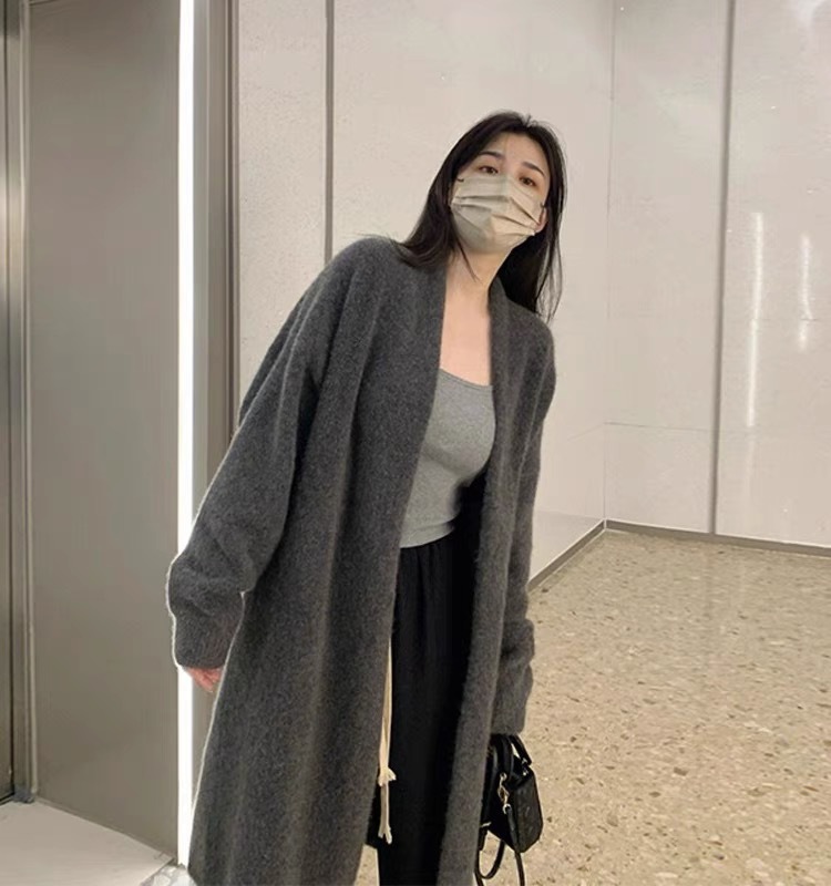 KANING灰色中长款过膝毛衣外套女2025春季慵懒风薄百搭针织衫开衫详情3