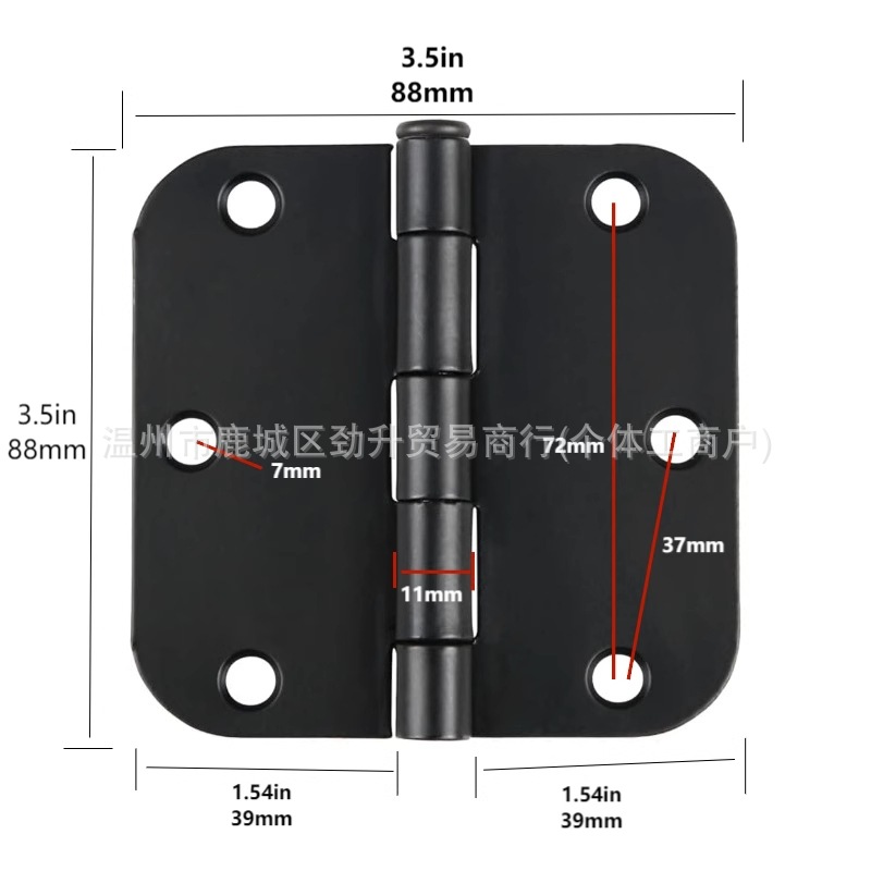 American-style rounded corner hinges, matte black plastic flat opening iron hinges, 3-inch, 3.5-inch, 4-inch large rounded corner civilian door and window hinges pic 1