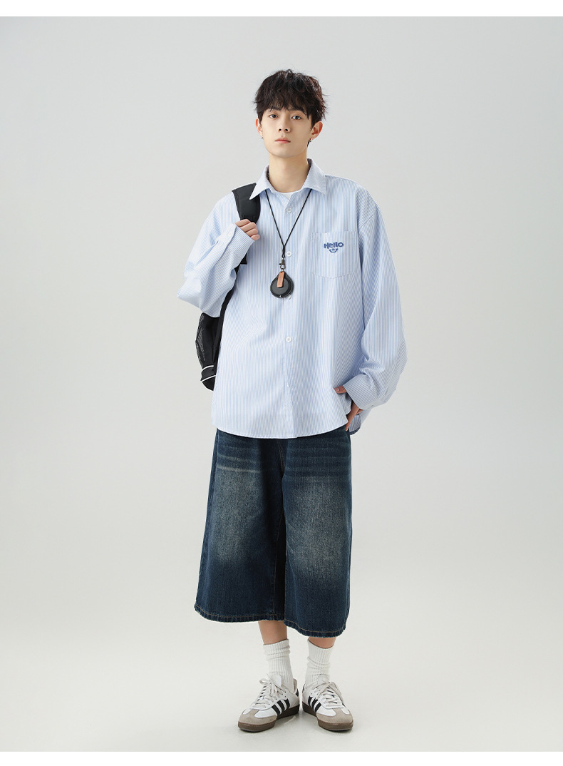 口袋立体刺绣长袖衬衫男春夏新款撞色竖条纹日系宽松情侣衬衣外套详情21