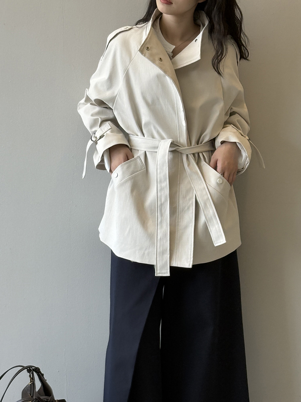 Yan Shuang British-style stand-up collar trench coat for women, autumn loose, casual, lace-up, waist-cinching short style 82585 pic 33