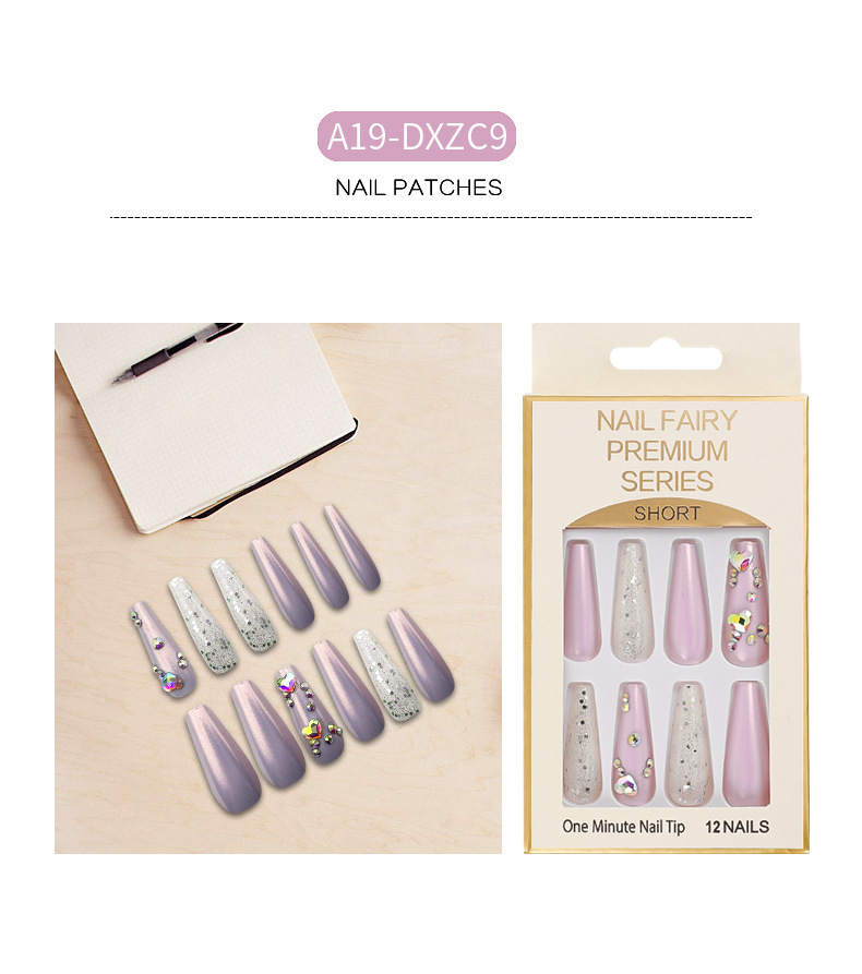 Cross-border long T-shaped false nail, glitter and sequin nail art, colorful artificial rhine-dotted ballet nail, wearable nail wholesale pic 6