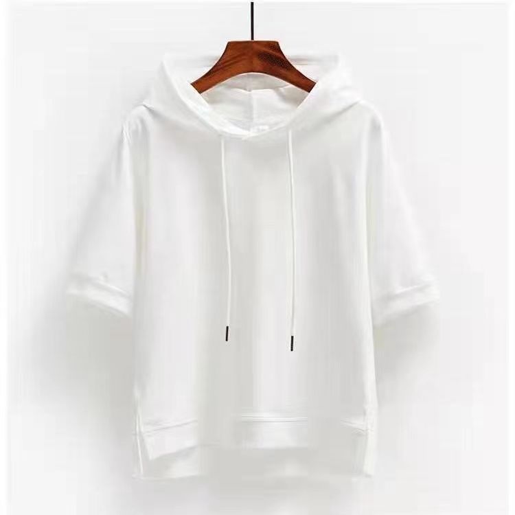 2025 Cotton Korean-style hoodie in loose solid color, new spring and summer half-sleeve split five-quarter sleeve hooded T-shirt top for women pic 7