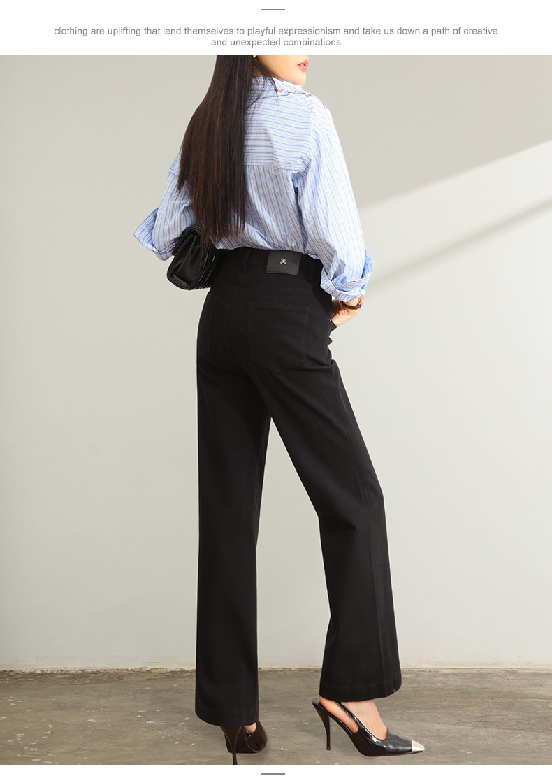 厂家直销新款百搭修身直筒微喇裤女黑色四向弹力显瘦牛仔裤小个子详情15