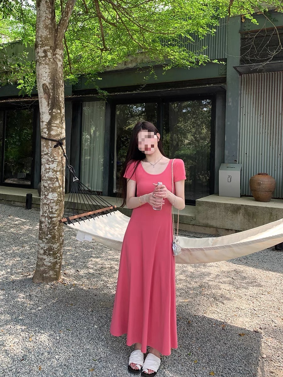 法式纯欲风夏季圆领短袖连衣裙包臀修身收腰长裙纯色高腰大摆裙详情12
