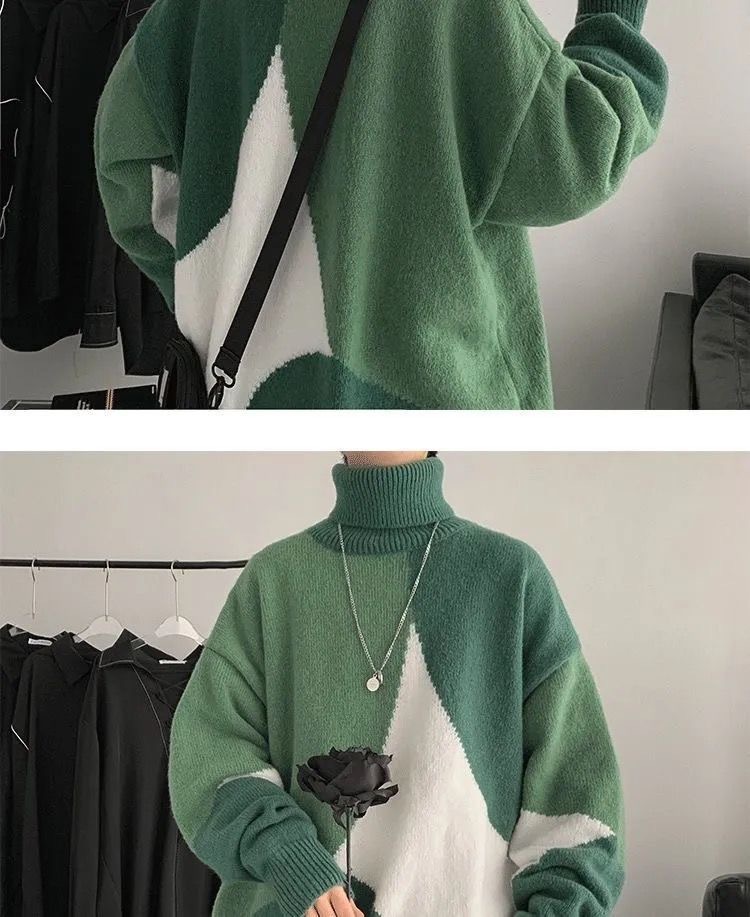 High-neck sweater for men, Hong Kong-style knitted sweater for both men and women, thick, trendy, loose and laid-back sweater for men in winter pic 9