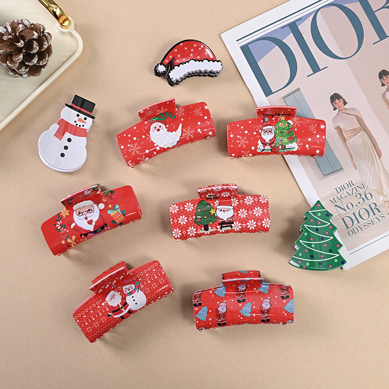 圣诞风发夹新款PVC印花圣诞节抓夹雪人圣诞老人可爱节日氛围头饰详情1