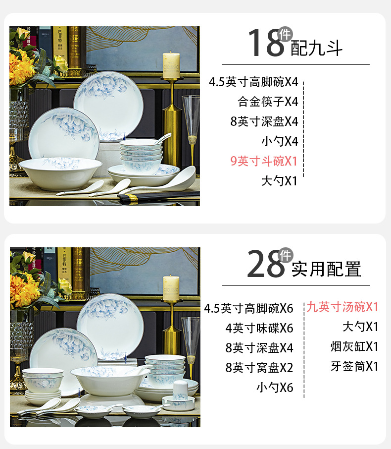 景德镇碗碟套装家用轻奢中式骨瓷餐具套装碗盘筷结婚乔迁礼品用瓷详情13