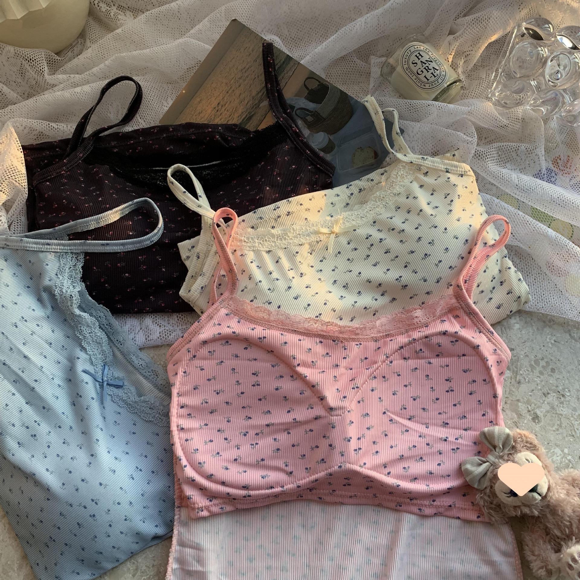 甜辣妹蓝色蕾丝边吊带小背心女夏季bm碎花内搭打底短款带胸垫上衣详情6