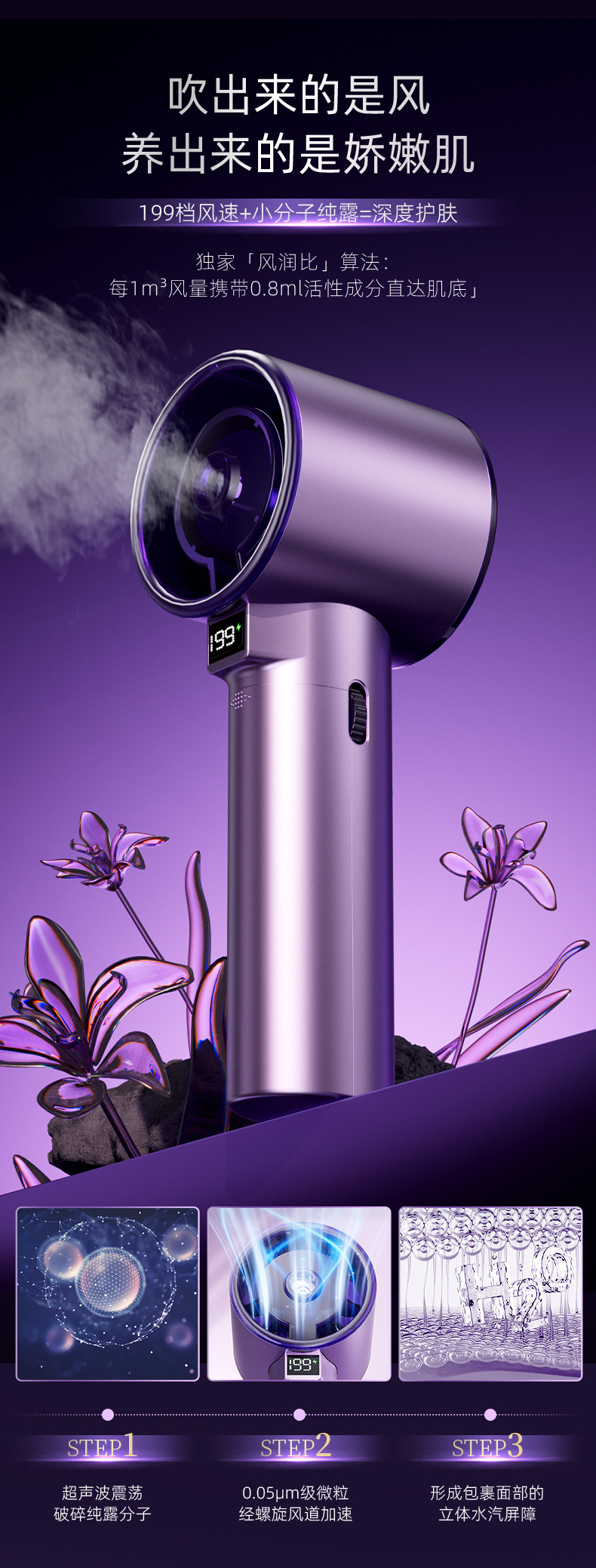 高速手持风扇喷雾嫩肤户外2025新款大风礼品女生迷你充电便携风扇详情5
