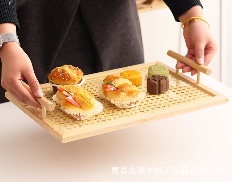 创意竹制托盘木质可手提水果点心盘长方形仿藤编底茶托盘宴请餐盘详情5