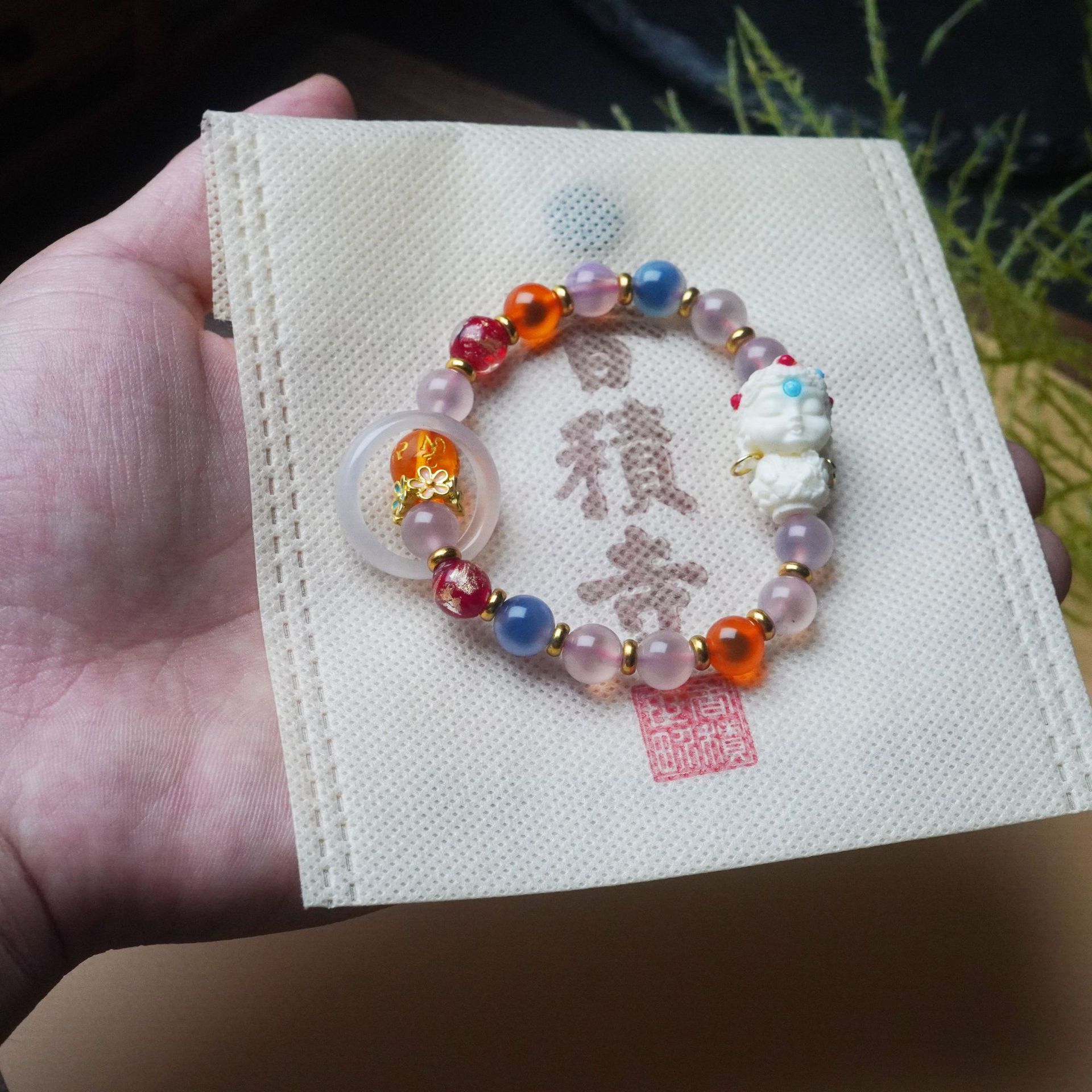 寺庙同款半糖玛瑙白度母手链串珠女金箔古法琉璃手串文玩饰品配饰详情3