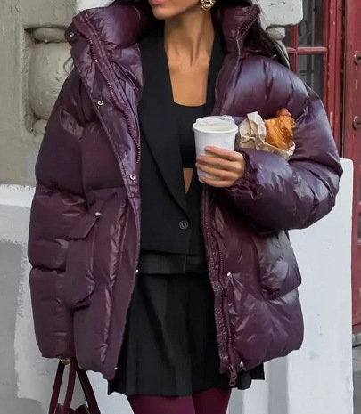 In the winter of 2024, a deep red zippered cotton-padded jacket with a stand-up collar and a warm working style for cross-border trade between Europe and America pic 3