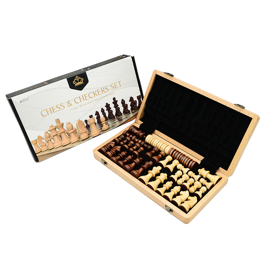 Two-in-one international chess checkers wooden board game toys with double back, non-magnetic for export pic 25