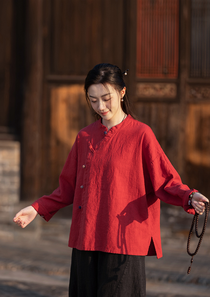 2025春夏新款棉麻女装复古立领偏襟拼色砂洗盘扣上衣长袖女式衬衫详情15
