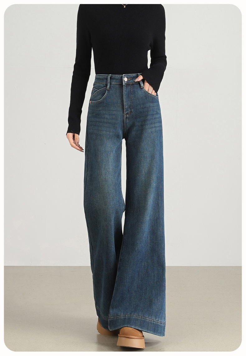 高腰复古牛仔裤女加绒阔腿模特穿着春秋牛仔衬衫牛仔衣男士潮牌详情50