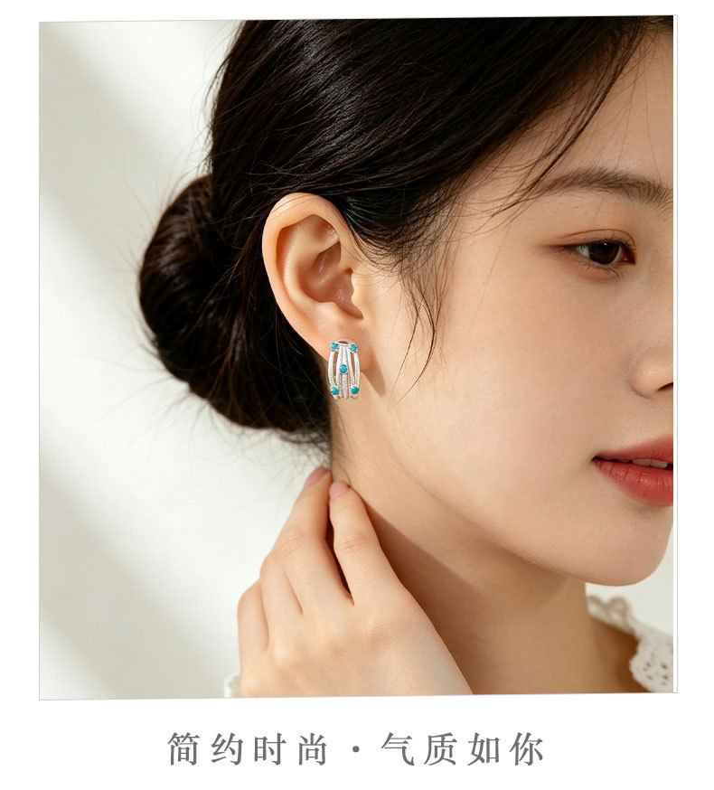源头工厂轻奢高级感多层蓝松石耳钉铜合金拉丝镶锆S925银针女耳饰详情15