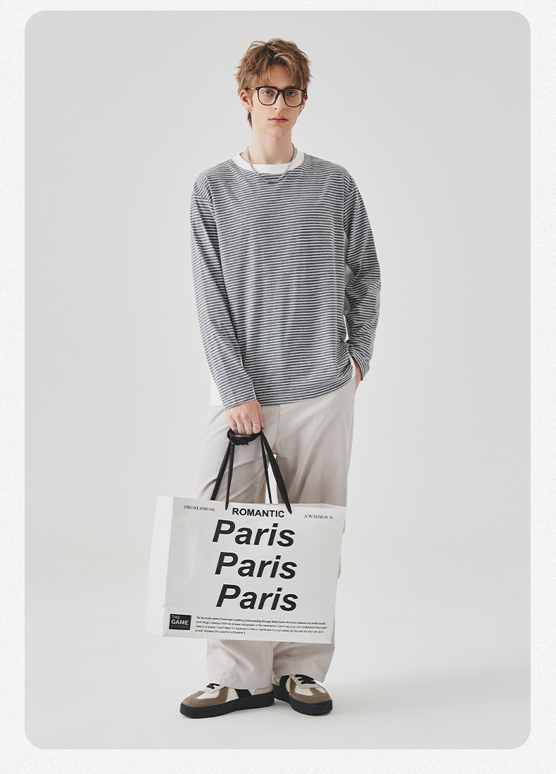 APO男装|撞色条纹长袖T恤男士春秋季潮牌宽松圆领内搭上衣打底衫详情14