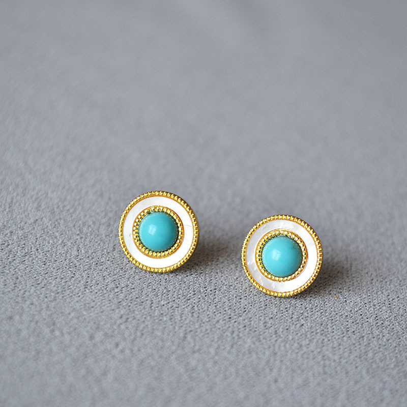 法式复古白色贝母镶嵌绿松石金珠花边气质简约925银针圆耳钉耳饰详情2