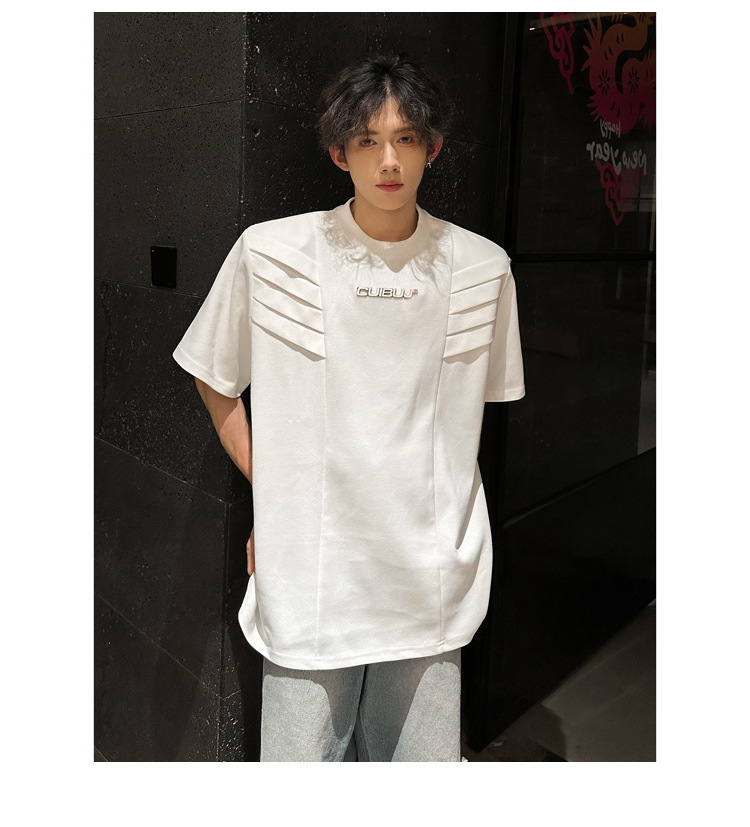 European and American high street original design sense T-shirt for men, multi-layered structure shoulder pad short-sleeved, summer American-style heavy half-sleeved pic 8